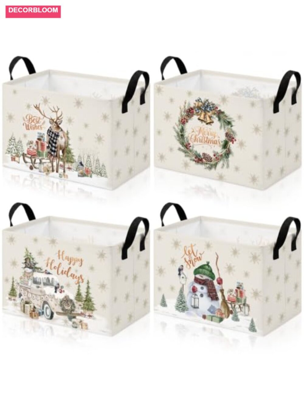 4 Pc Christmas Canvas Storage Baskets Collapsible Organizer Bins with Handles
